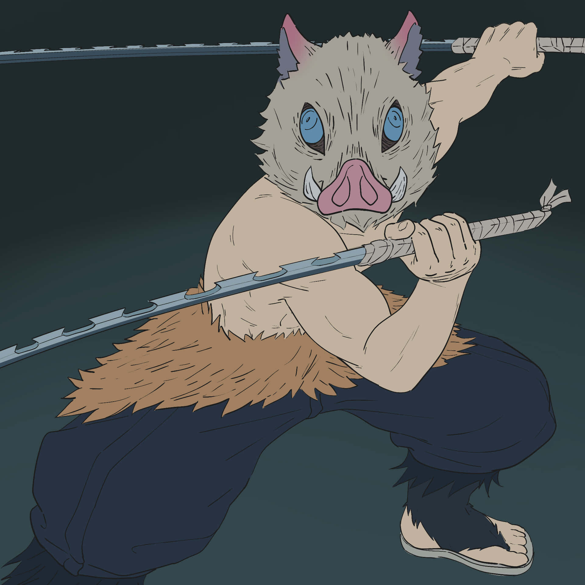 Inosuke Aesthetic 桌布 壁紙 — 一個肌肉發達、豬頭惡魔戰士蹲在戰鬥姿勢中，緊握長劍，背景為深藍綠色。