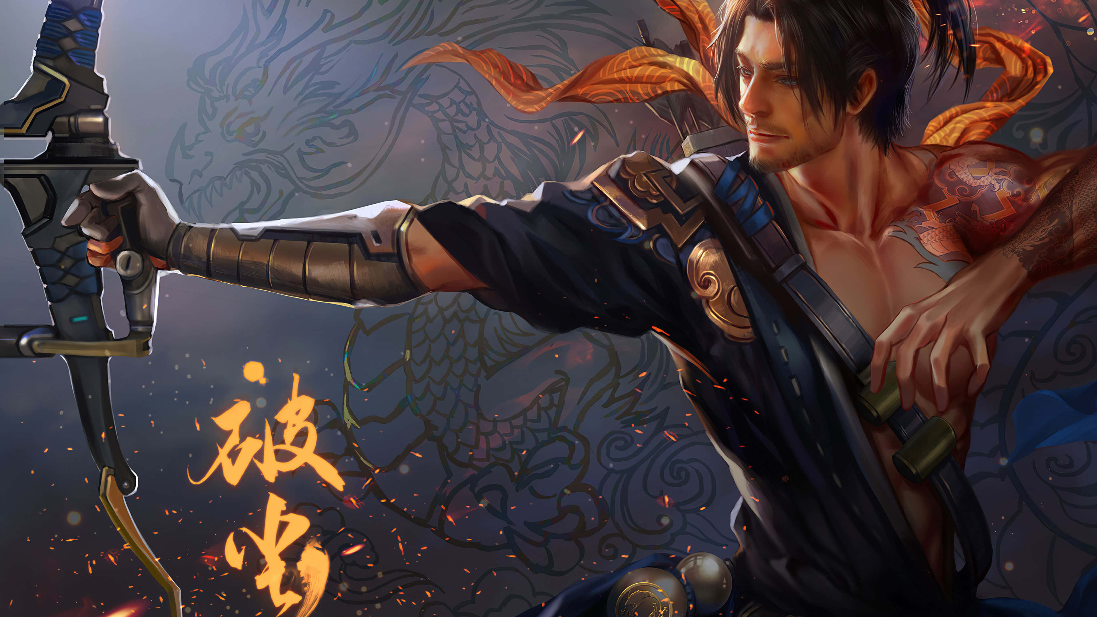 Overwatch Hanzo 桌布 壁紙 — 一個肌肉發達、身上有刺青的戰士，在龍主題背景中拔出發光的劍，伴隨著火花。