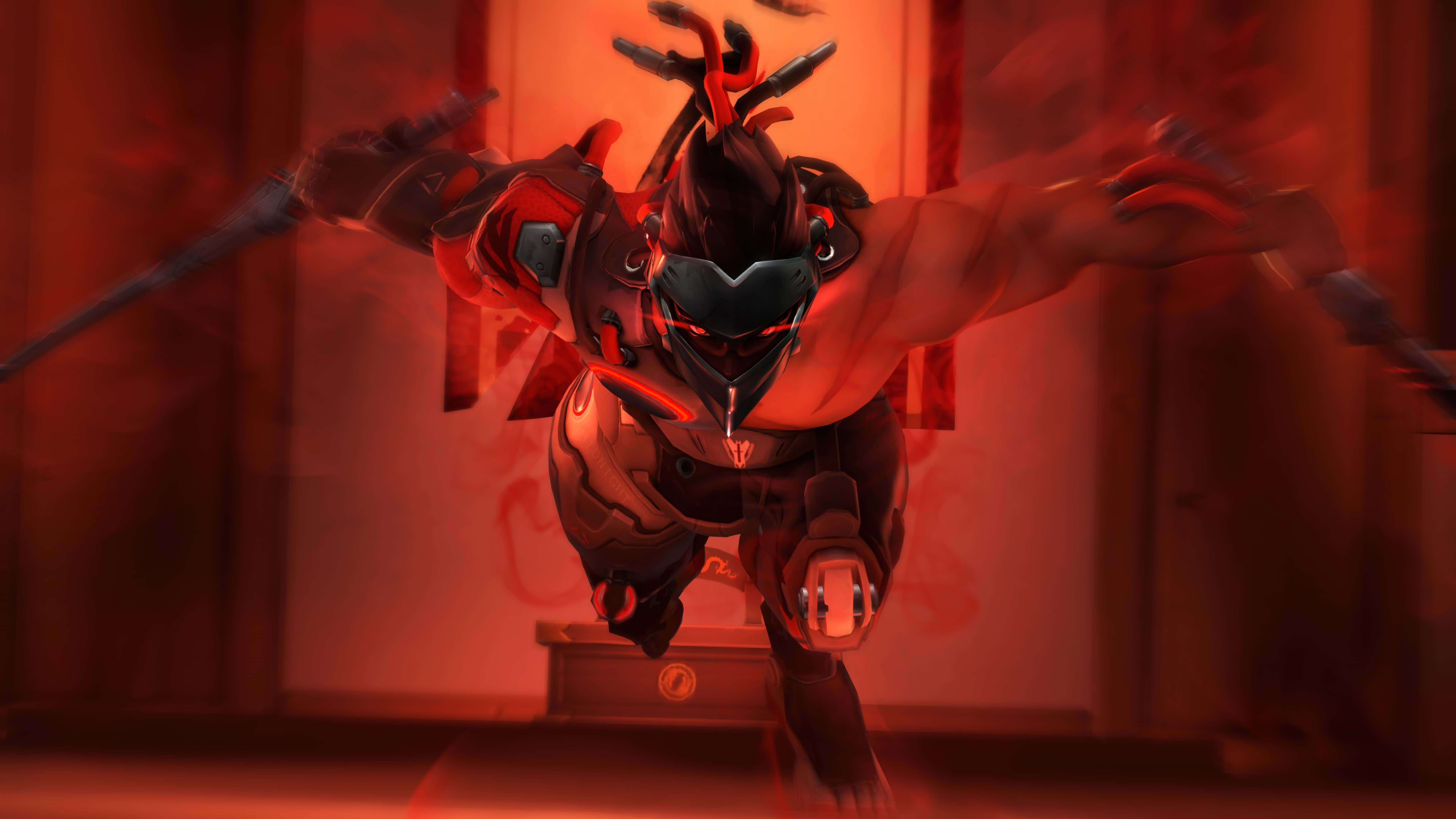 Genji 4K 桌布 壁紙 — 一個肌肉發達、身穿盔甲的戰士，帶有發光的紅色點綴，在火紅的背景前以動態姿勢向前衝刺。