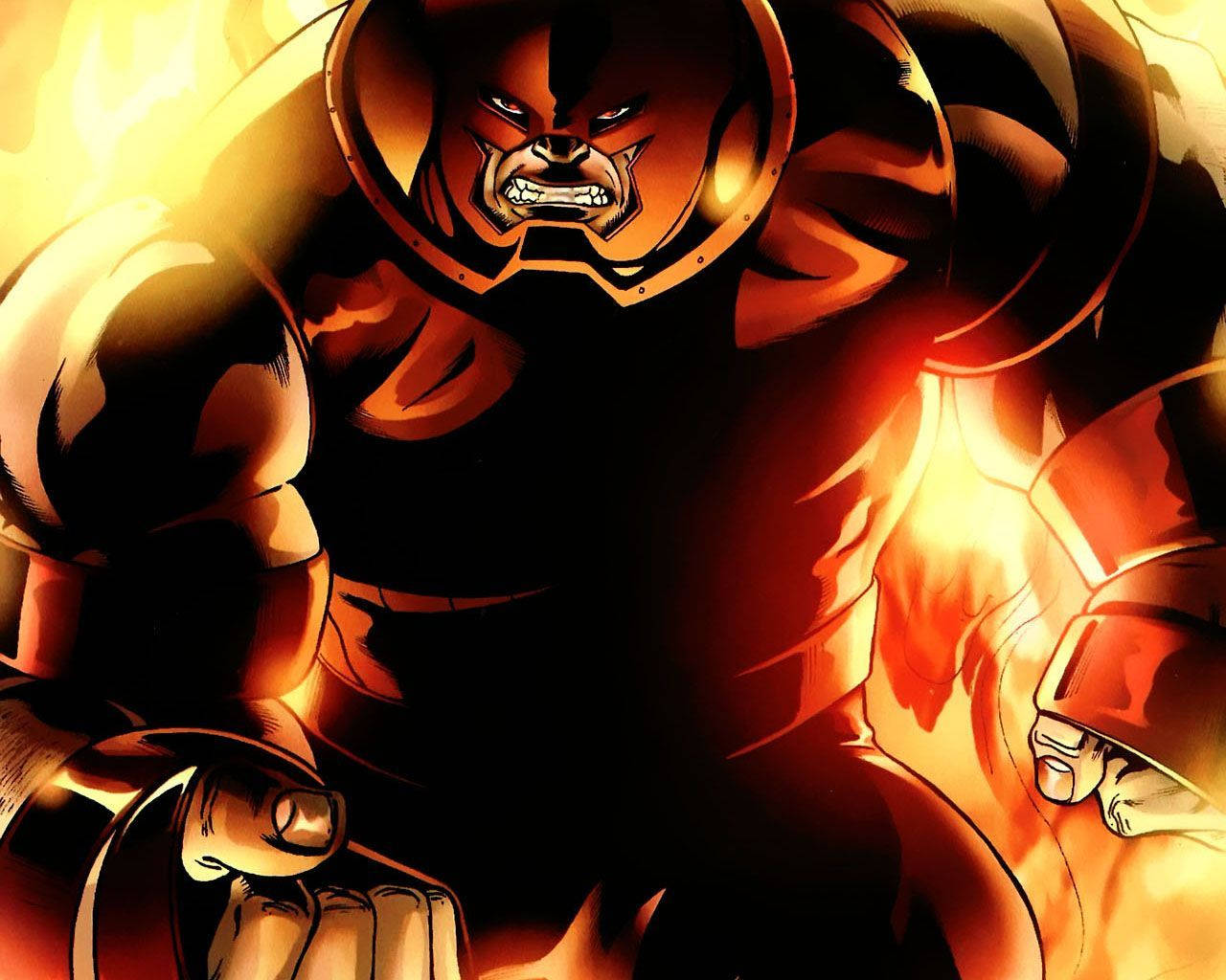 Juggernaut 桌布 壁紙 — 一個肌肉發達、身穿盔甲的戰士，帶著兇猛的表情，在動態漫畫風格中散發著熾熱的橙色光芒。