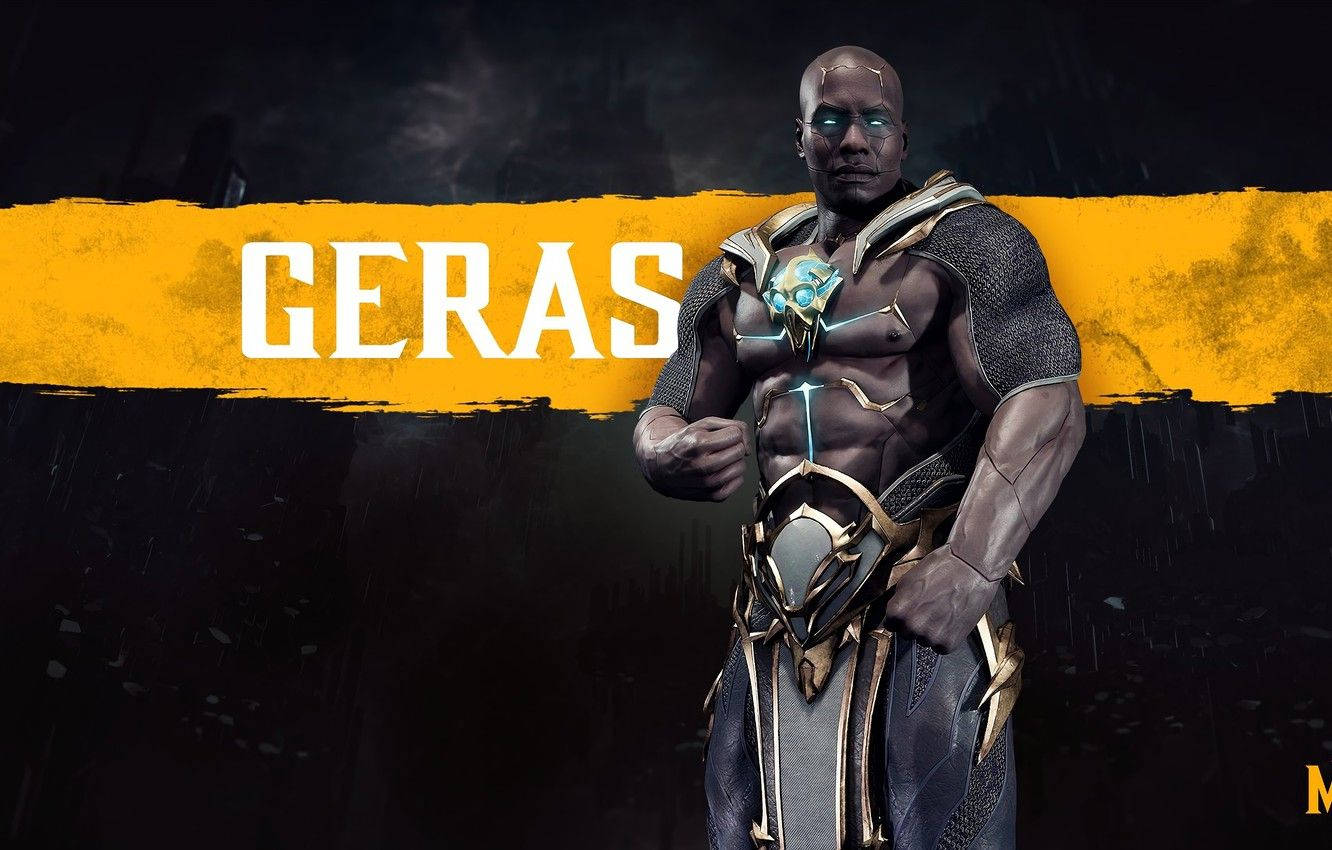 Mk11 桌布 壁紙 — 一個肌肉發達、身穿盔甲的戰士名叫 Geras，站在黑暗風暴環境中，擁有發光的藍色眼睛和背後一面大膽的黃色旗幟。