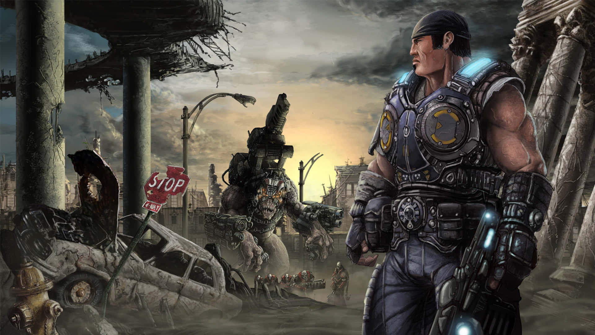 HD Gears Of War 5 桌布 壁紙 — 一個肌肉發達、身穿盔甲的戰士在廢墟城市景觀中挑釁地站立，而一個怪物在他身後隱現，天空風暴密佈。