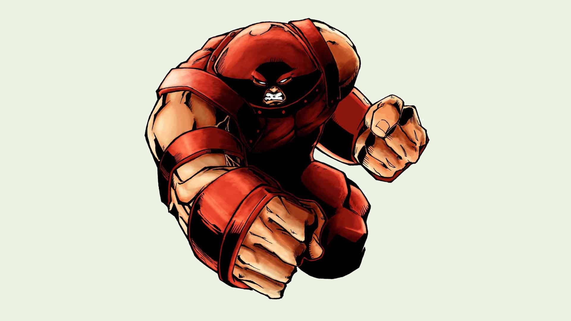 Juggernaut 桌布 壁紙 — 一個肌肉發達、身穿紅色服裝的超級英雄，以蹲伏的戰鬥姿勢、握緊拳頭，背景為淡綠色。