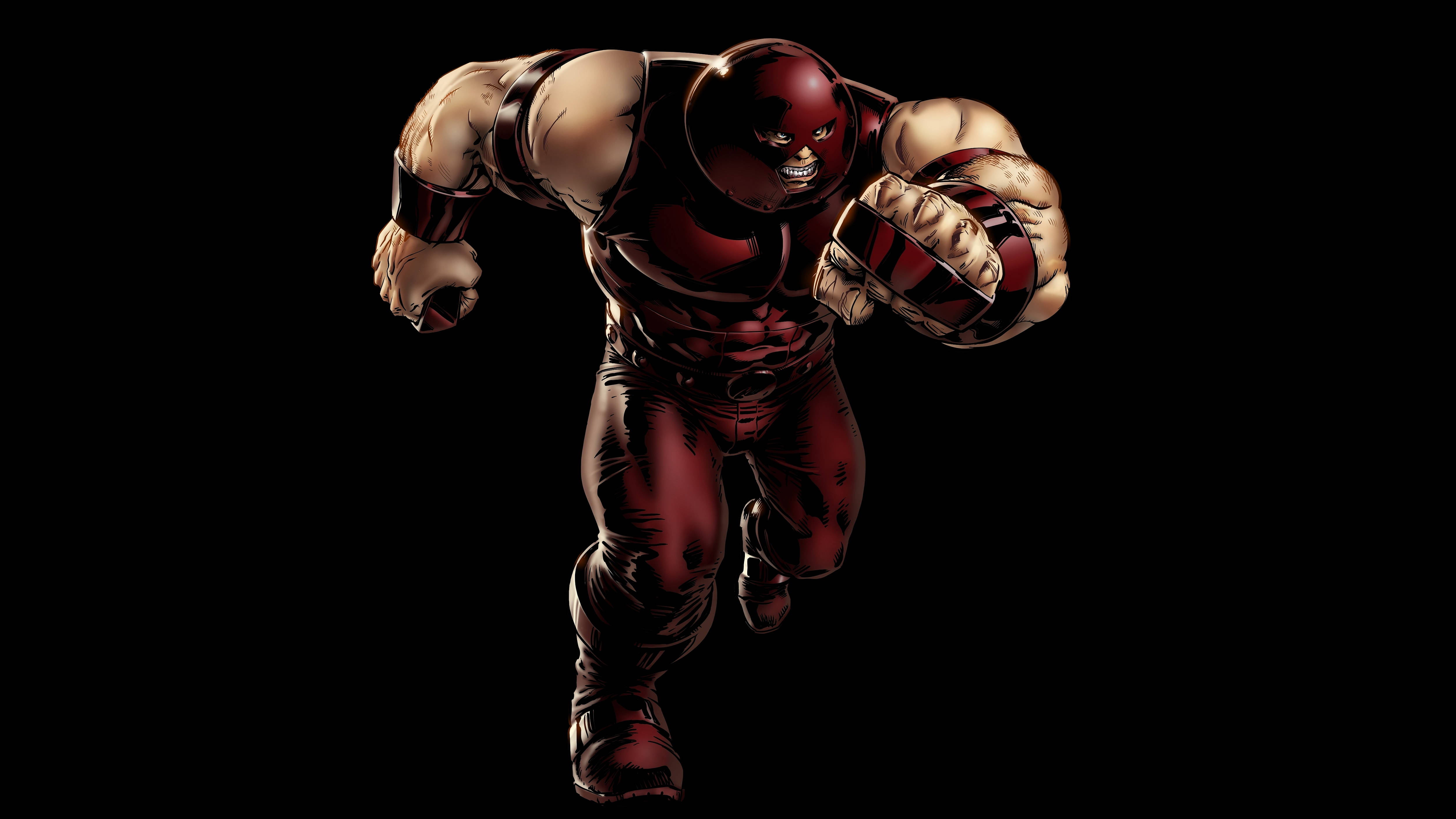 Juggernaut 桌布 壁紙 — 一個肌肉發達、身穿紅色緊身衣的超級英雄，在純黑背景下擺出動態奔跑姿勢。