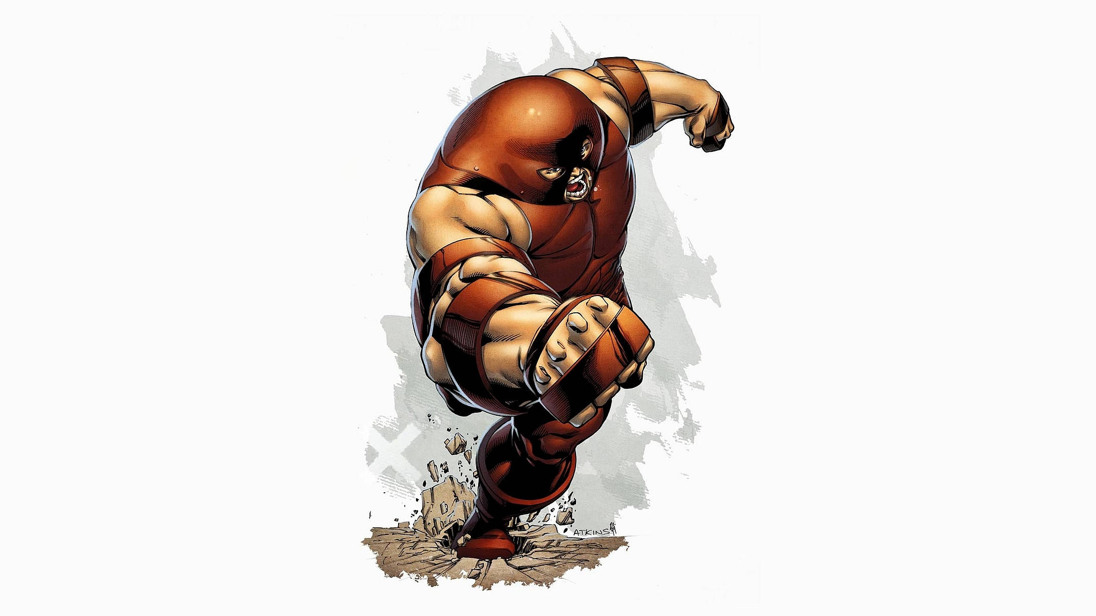 Juggernaut 桌布 壁紙 — 一個肌肉發達、身穿紅色緊身衣的超級英雄，以漫畫風格動態踢腿姿勢衝破泥土。