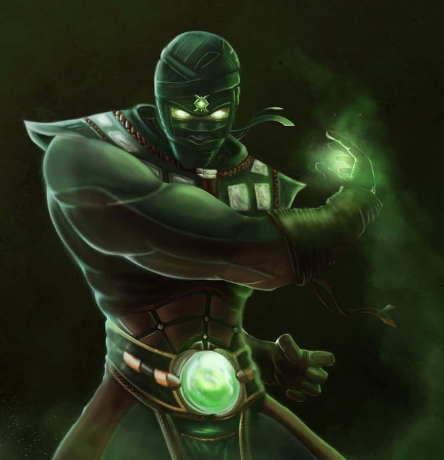 Mortal Kombat Ermac 桌布 壁紙 — 一個肌肉發達、身穿綠色服裝的忍者，眼睛發光，手持神秘球體，在黑暗煙霧環境中引導綠色能量。