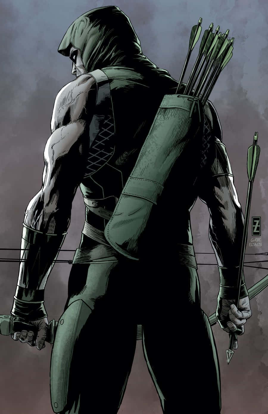 Green Arrow iPhone 桌布 壁紙 — 一個肌肉發達、身穿綠色盔甲、戴著兜帽的弓箭手，側身站立，手持弓箭，背負箭袋，背景是陰沉的灰色天空。