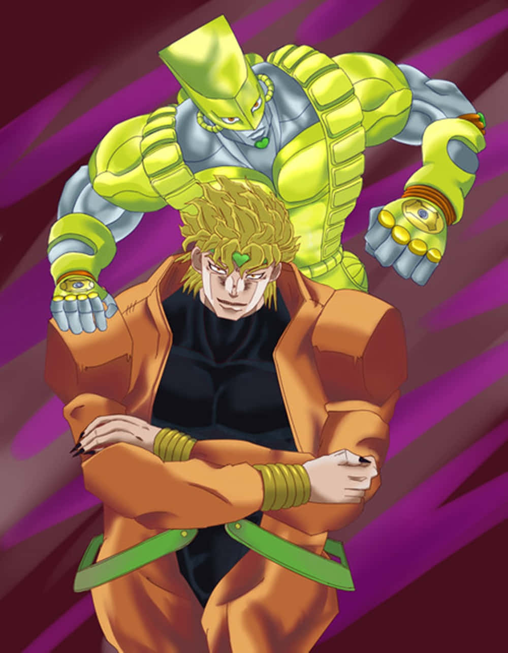 Dio The World 桌布 壁紙 — 一個肌肉發達、身穿綠色盔甲的動漫角色，聳立在一個穿著橙色外套的金髮男子身後，背景是紫色條紋。