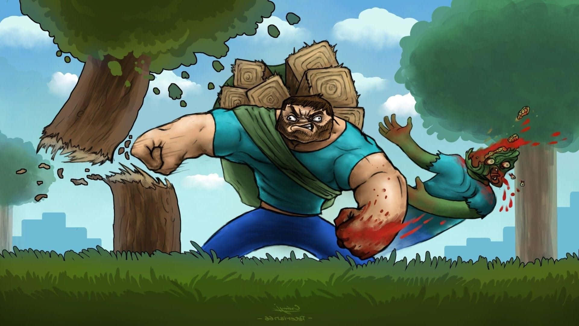 Minecraft Art 桌布 壁紙 — 一個肌肉發達、身穿藍色襯衫的男人，一邊背著柴火穿過有樹木和城市天際線的草地，一邊拳打殭屍。