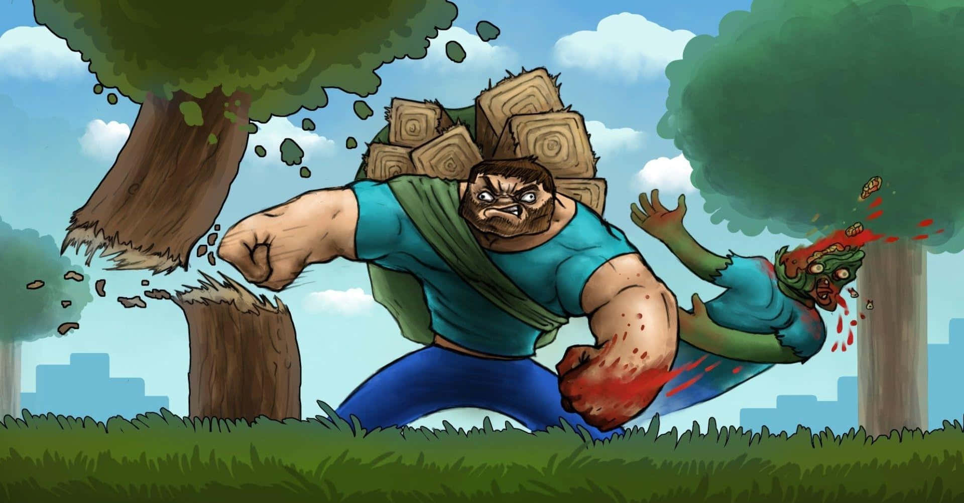 Minecraft Fan Art 桌布 壁紙 — 一個肌肉發達、身穿藍色襯衫的男人，一邊背著柴火穿過有樹木和城市天際線的草地森林，一邊拳打殭屍。