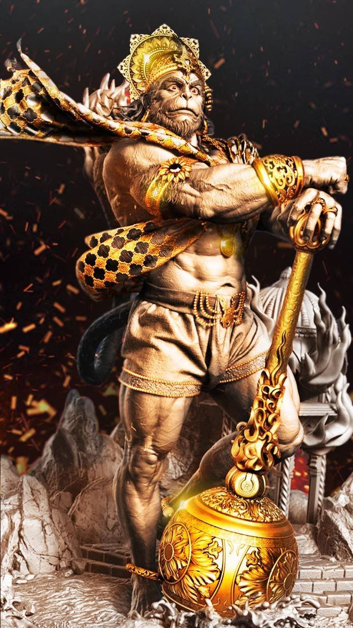 angry hanuman 桌布 壁紙 — 一個肌肉發達、身穿金色盔甲的猴神，在飛濺的火花和岩石地形中揮舞著巨大的華麗錘子。