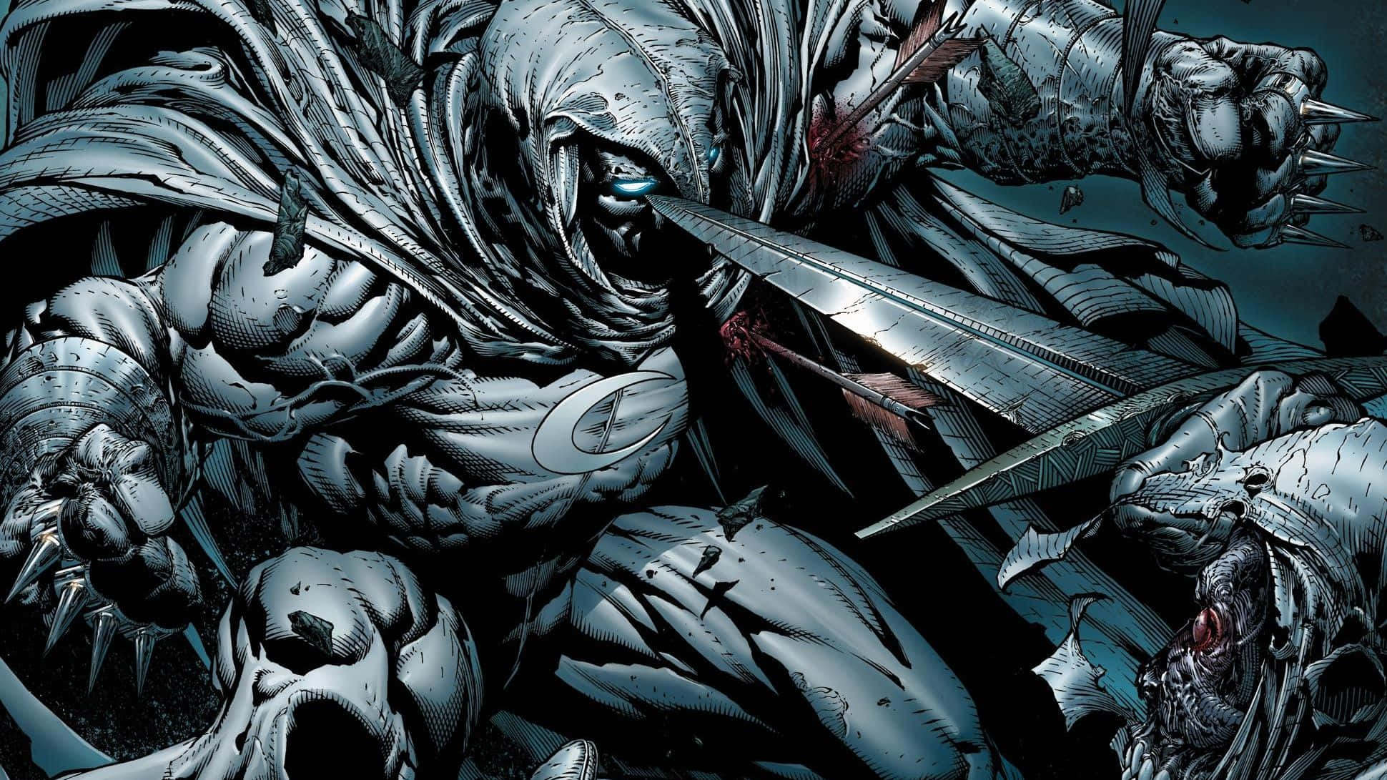 Moon Knight 桌布 壁紙 — 一個肌肉發達、身穿銀色盔甲的兜帽人物，以黑暗漫畫風格與怪物般的敵人交戰。