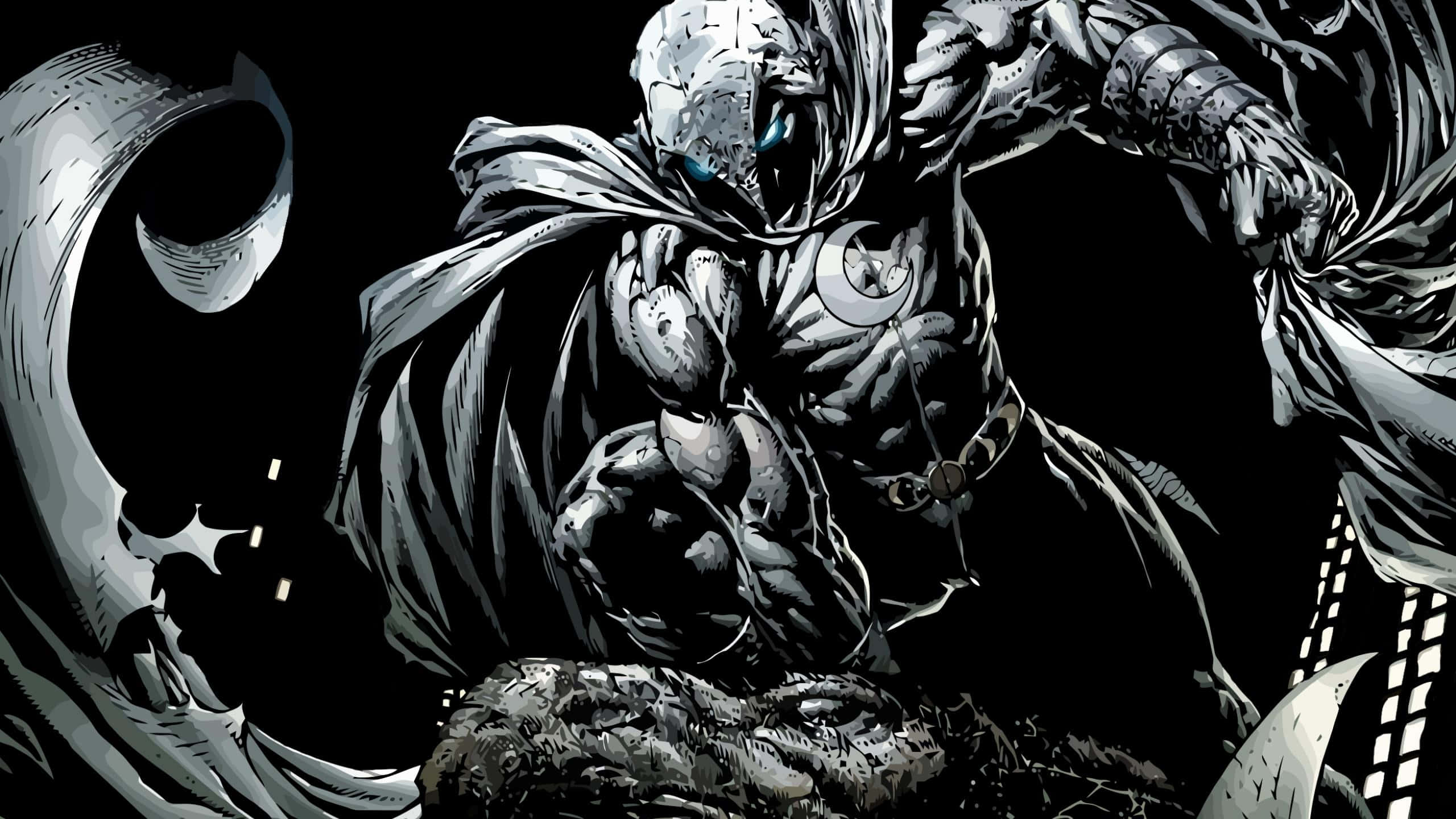 Moon Knight 桌布 壁紙 — 一個肌肉發達、身穿銀色盔甲的超級英雄，擁有發光的藍色眼睛和飄逸的斗篷，在黑色背景前擺出動態姿勢。