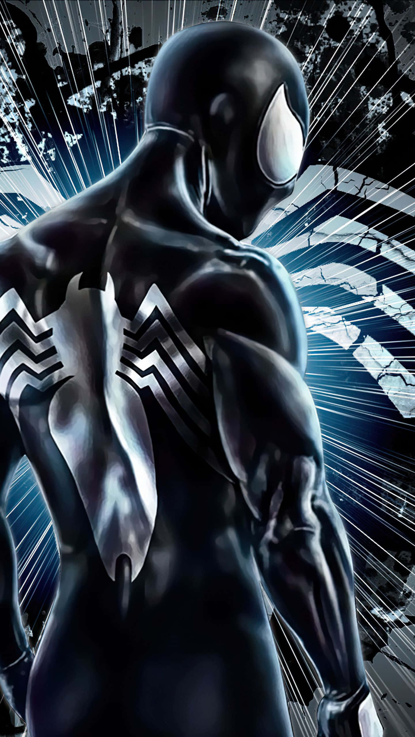 Spider Man Cool 桌布 壁紙 — 一個肌肉發達、身穿黑色緊身衣、帶有白色蜘蛛標誌的超級英雄，以動態姿勢站在破碎玻璃背景前，背景有放射狀藍色條紋。