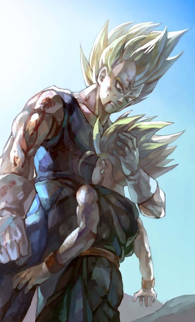 Vegeta And Trunks 桌布 壁紙 — 一個肌肉發達、金色刺蝟頭、帶有戰鬥傷疤的動漫戰士，在明亮的藍天下抱著一個較小的人物。