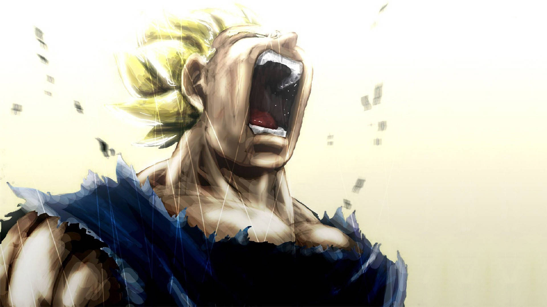 Vegito 桌布 壁紙 — 一個肌肉發達、金色刺蝟頭的動漫角色在暴風雨中挑釁地尖叫，撕破他的藍色襯衫。