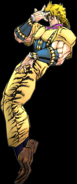 Dio Brando 桌布 壁紙 — 一個肌肉發達、金色尖刺頭髮的動漫角色，穿著黃色虎紋服裝，在黑色背景前擺出動態姿勢。