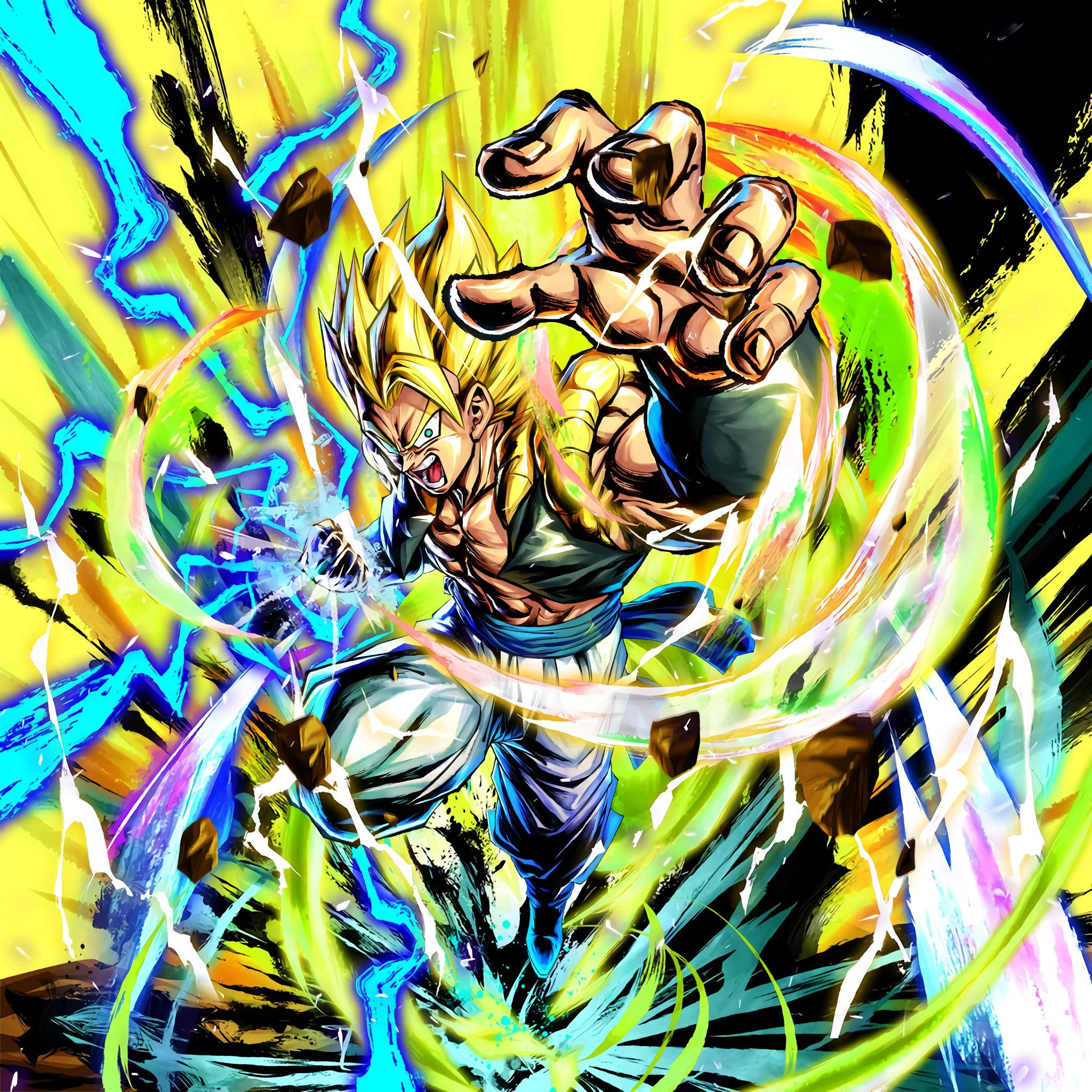 Gogeta 桌布 壁紙 — 一個肌肉發達、金色尖刺頭髮的動漫戰士，釋放出發光的能量爆炸，周圍環繞著鮮豔的電光條紋和破碎的碎片。