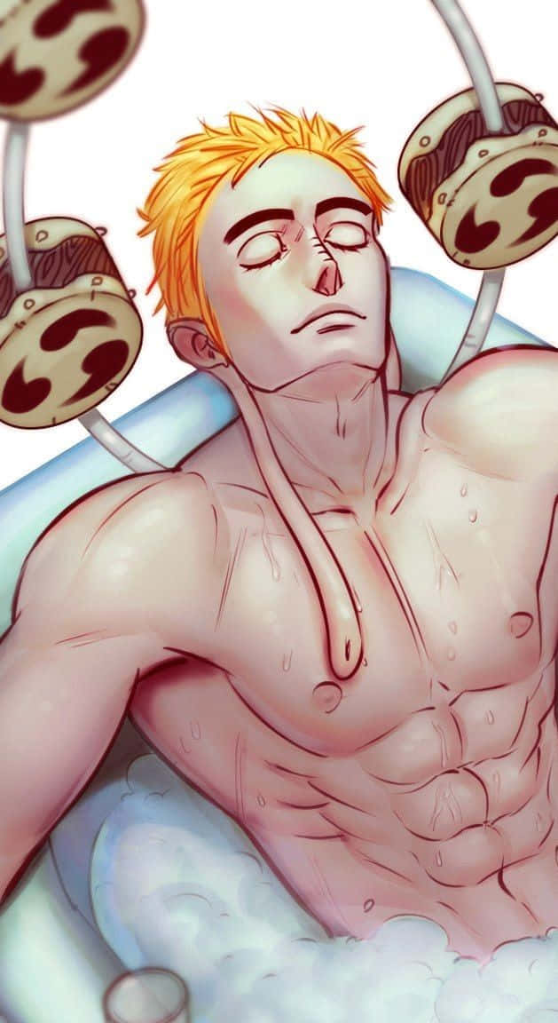 One Piece Enel 桌布 壁紙 — 一個肌肉發達、金色尖刺頭髮的動漫男子在泡泡浴中放鬆，周圍漂浮著機械裝置。