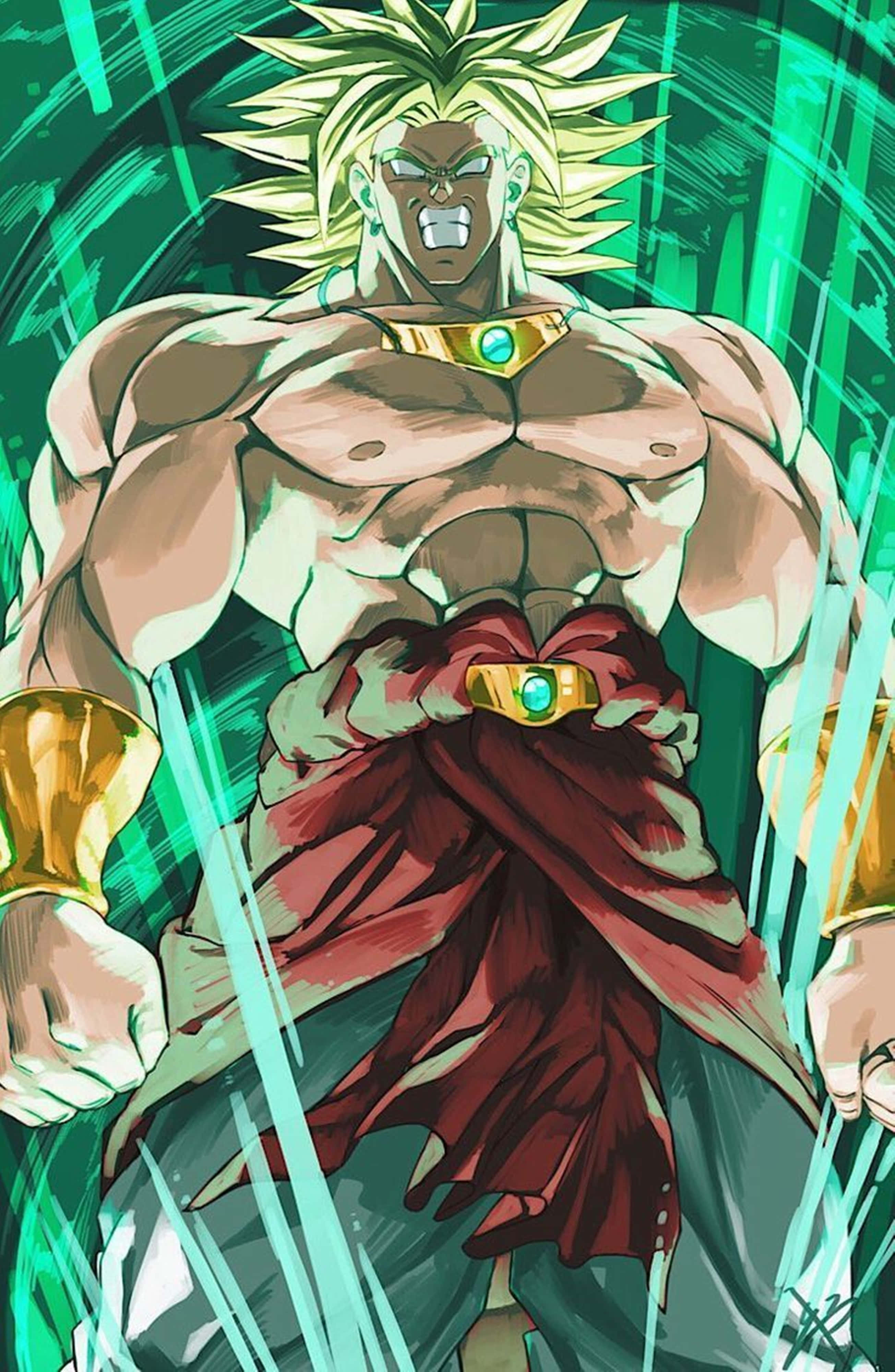 Broly 4K 桌布 壁紙 — 一個肌肉發達、金色尖刺頭髮的動漫戰士，帶著綠色氣場，在動感綠色背景前猛烈咆哮。
