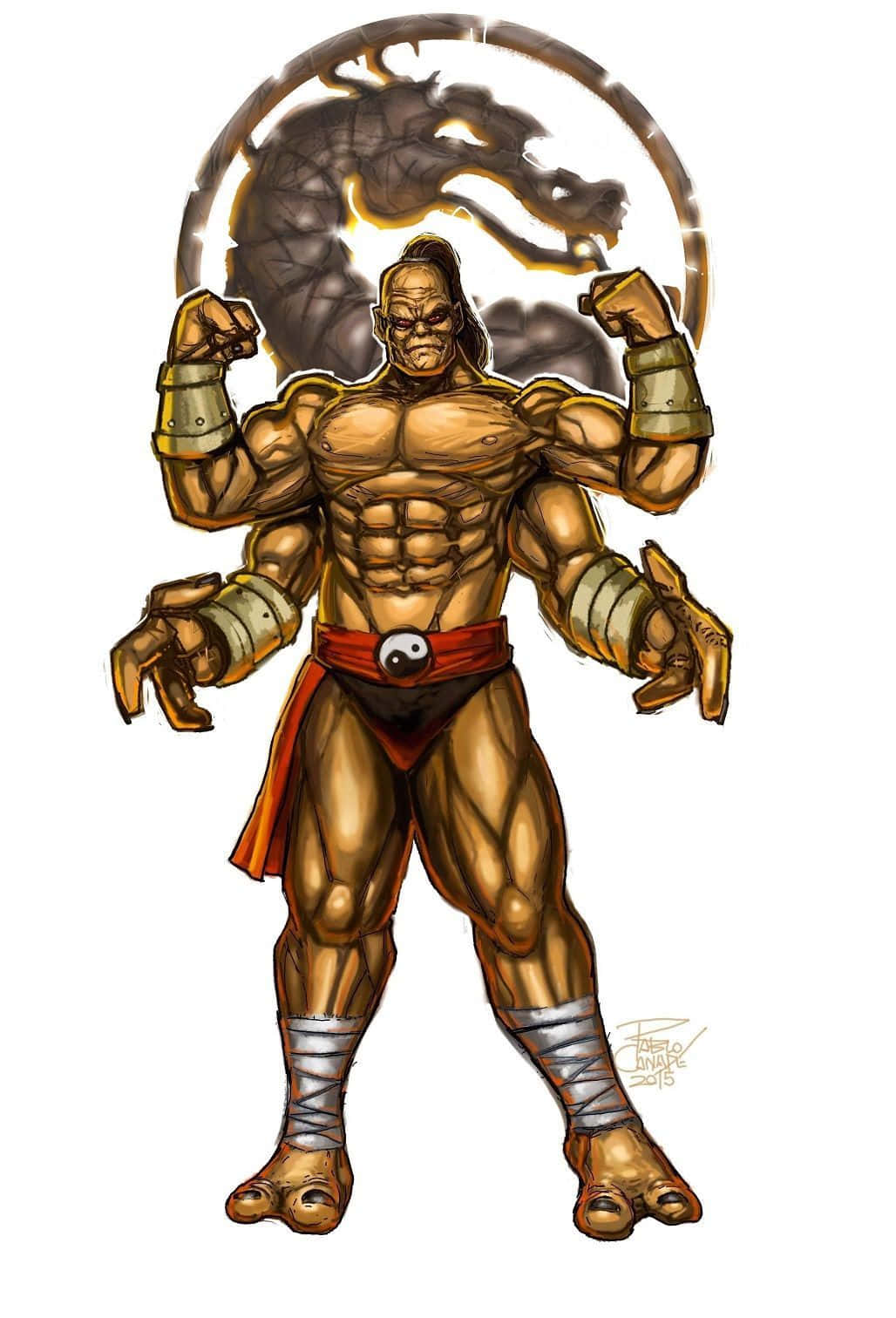 Mortal Kombat Goro 桌布 壁紙 — 一個肌肉發達、金色皮膚的戰士，身後有龍形標誌，四臂張開，擺出強而有力的姿勢。