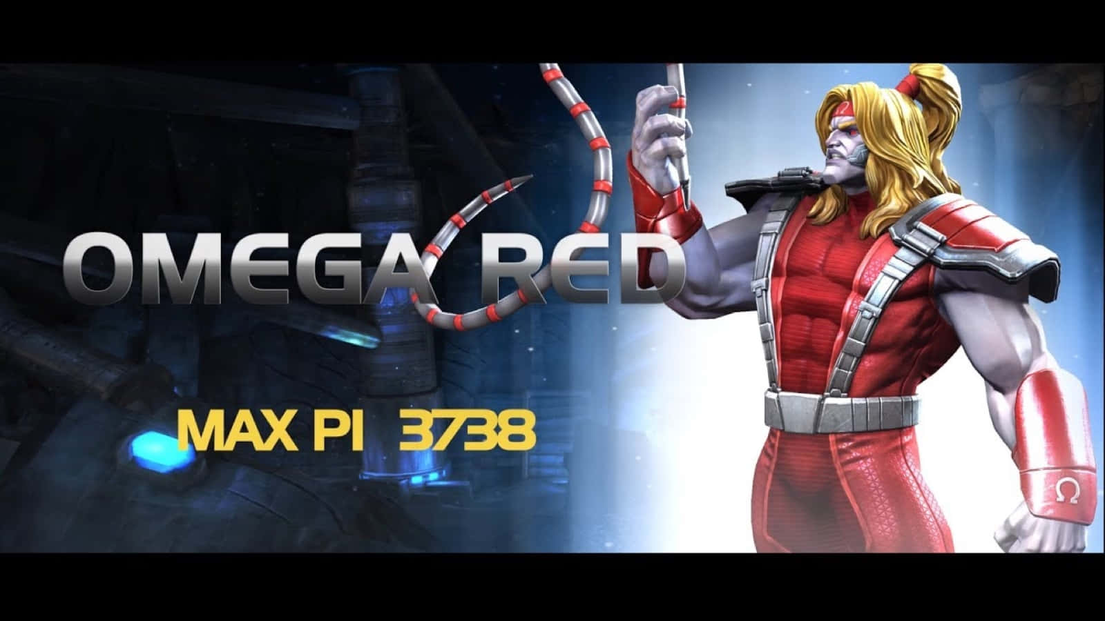 Omega Red 桌布 壁紙 — 一個肌肉發達、金髮、身穿紅色盔甲的超級英雄，在黑暗的科幻背景下揮舞著盤繞的能量武器。