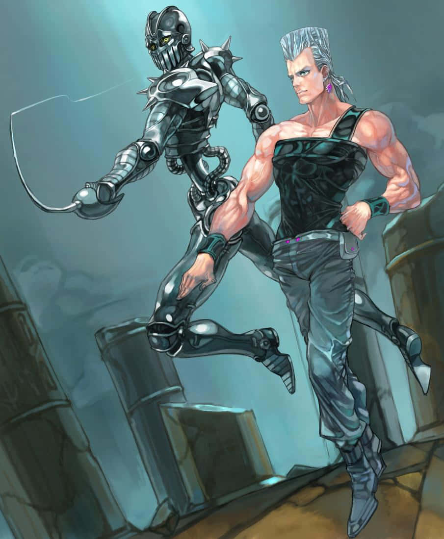 Jean Pierre Polnareff 桌布 壁紙 — 一個肌肉發達、銀色頭髮的男人在昏暗的工業環境中，與一個拿著鞭子的威脅性金屬人形並肩奔跑。