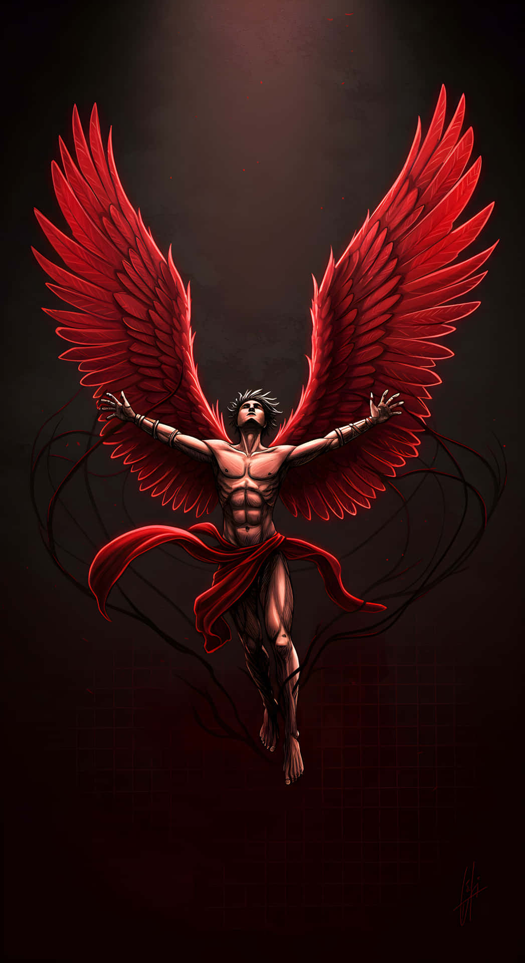 Fall of the Wing 壁紙 — 一個肌肉發達、長有深紅色羽毛和飄逸紅布的有翼人物，在深色紋理背景上翱翔。