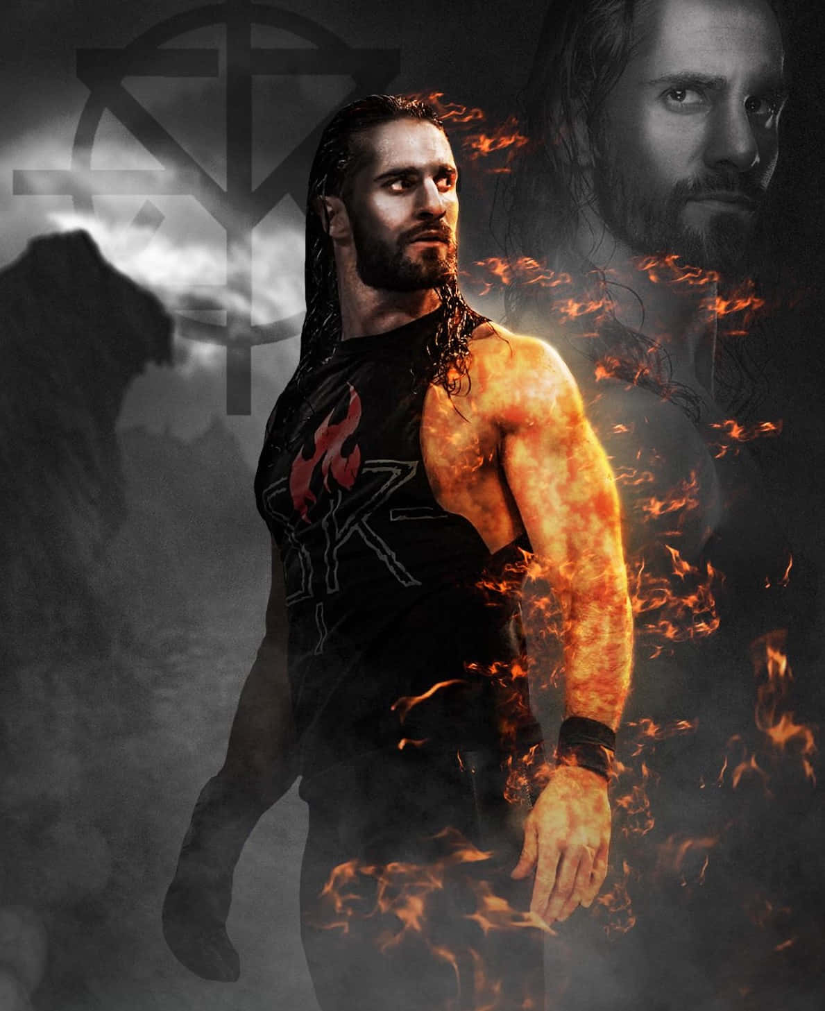 seth rollins 桌布 壁紙 — 一個肌肉發達、長著深色長髮的摔角手站在煙霧繚繞的背景中，被火焰包圍，背景中有一個陰影符號和他的臉。