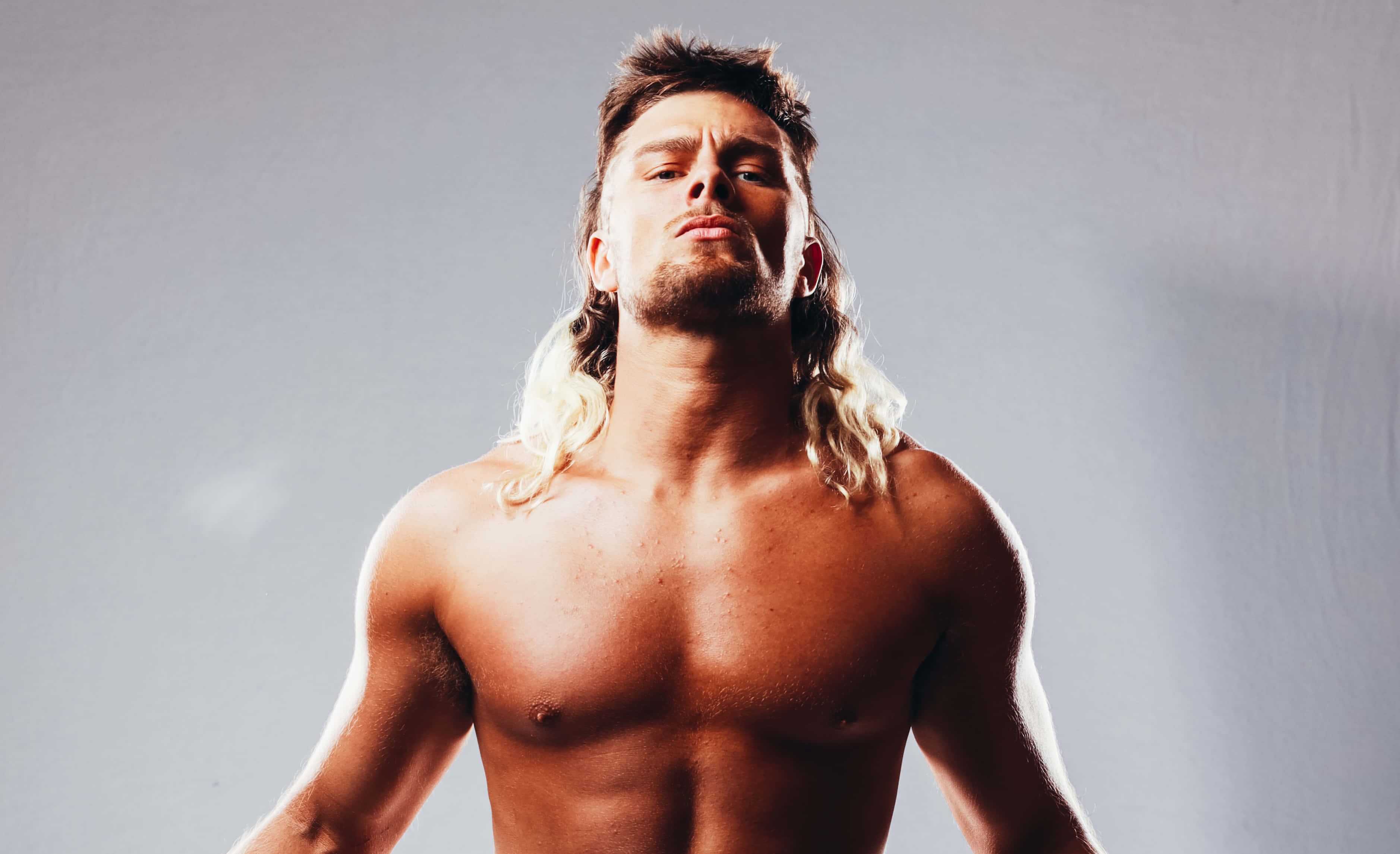 WWE 桌布 壁紙 — 一個肌肉發達、長著金色長髮和鬍鬚的男人，在純灰色工作室背景下，強烈地向上凝視。