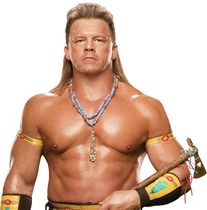 WWE 桌布 壁紙 — 一個肌肉發達、長著金色長髮的男人，戴著部落風格的珠子和臂環，在黑色背景前拿著一把戰斧。