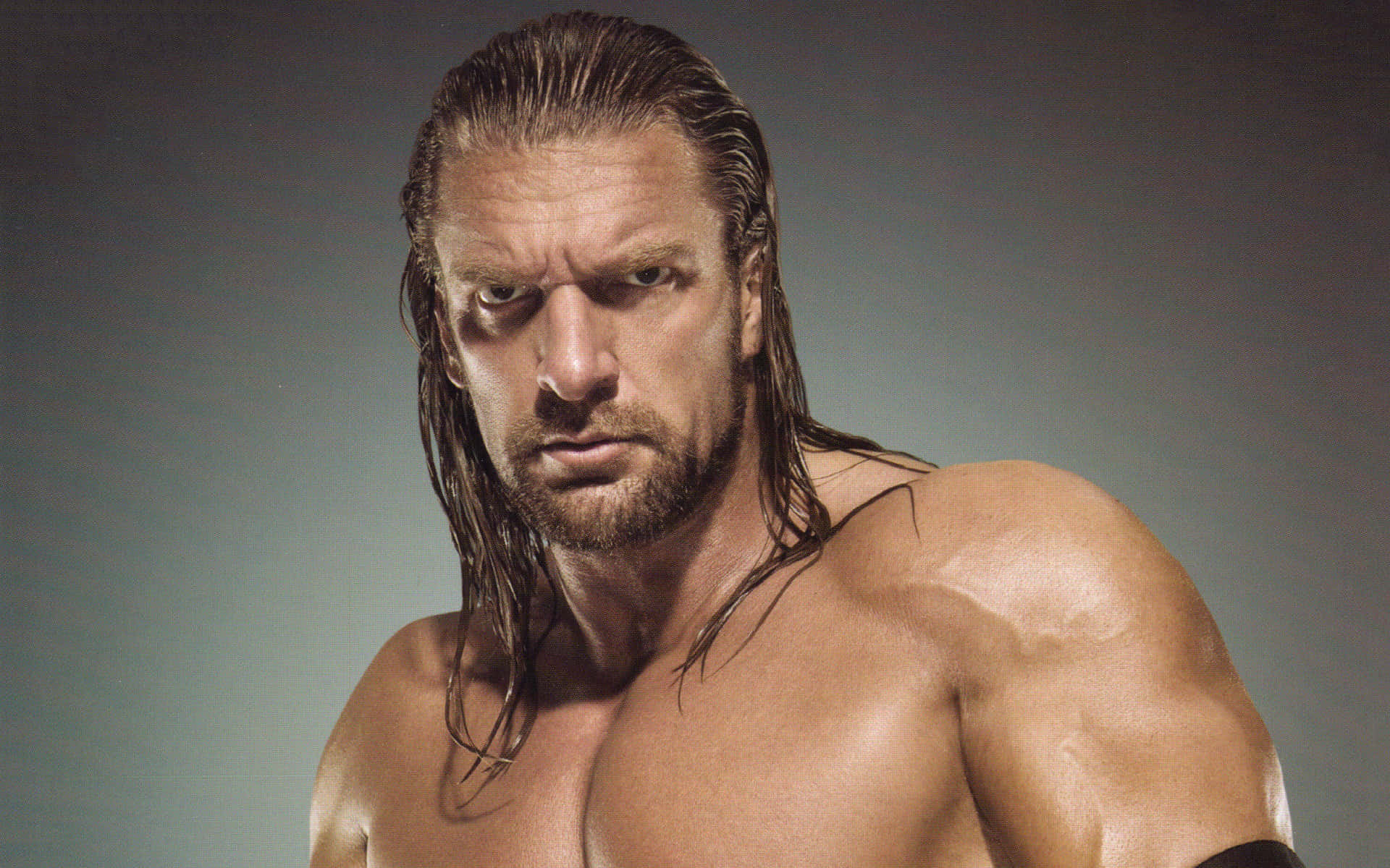 triple h 桌布 壁紙 — 一個肌肉發達、長髮濕透的男人在灰色攝影棚背景下凝視著鏡頭。