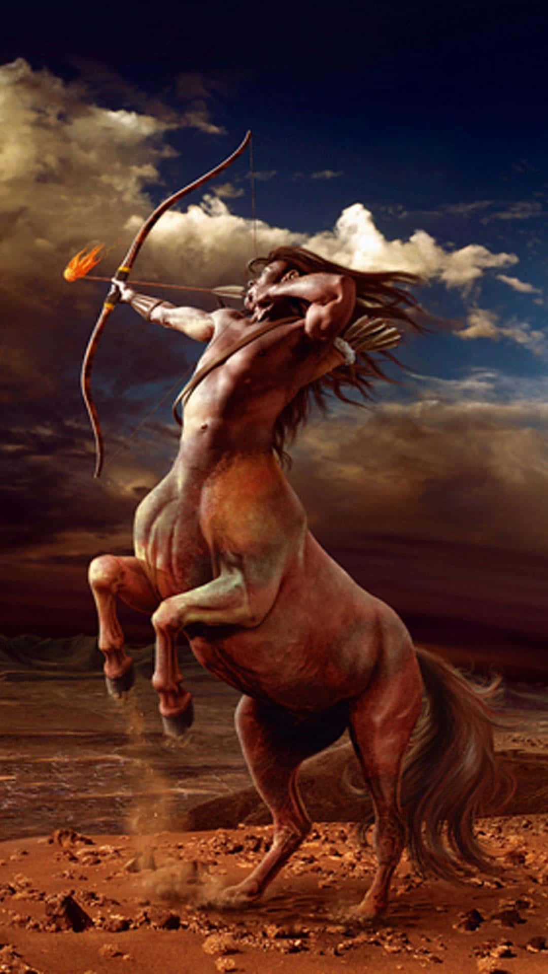 sagittarius 桌布 壁紙 — 一個肌肉發達、長髮飄逸的半人馬在荒蕪的沙漠景觀上空，對著暴風雨的天空拉開一把燃燒的弓。