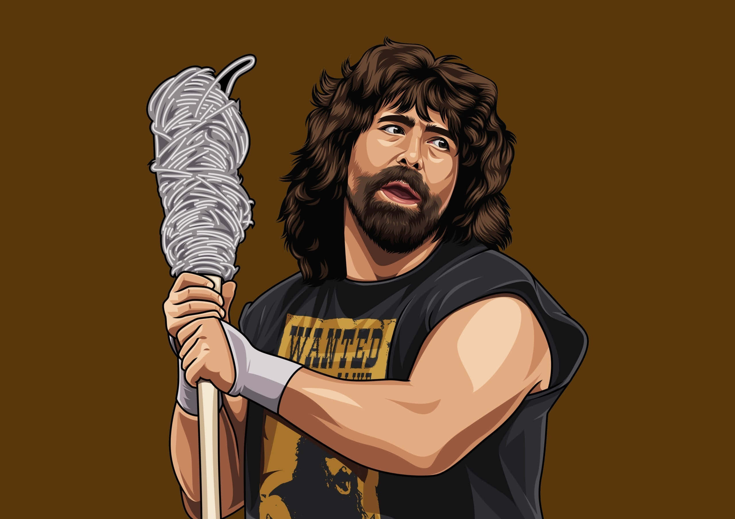 WWE 桌布 壁紙 — 一個肌肉發達、長髮鬍鬚的男人，在棕色背景前穿著「WANTED」襯衫，拿著一個用紗線包裹的拖把。