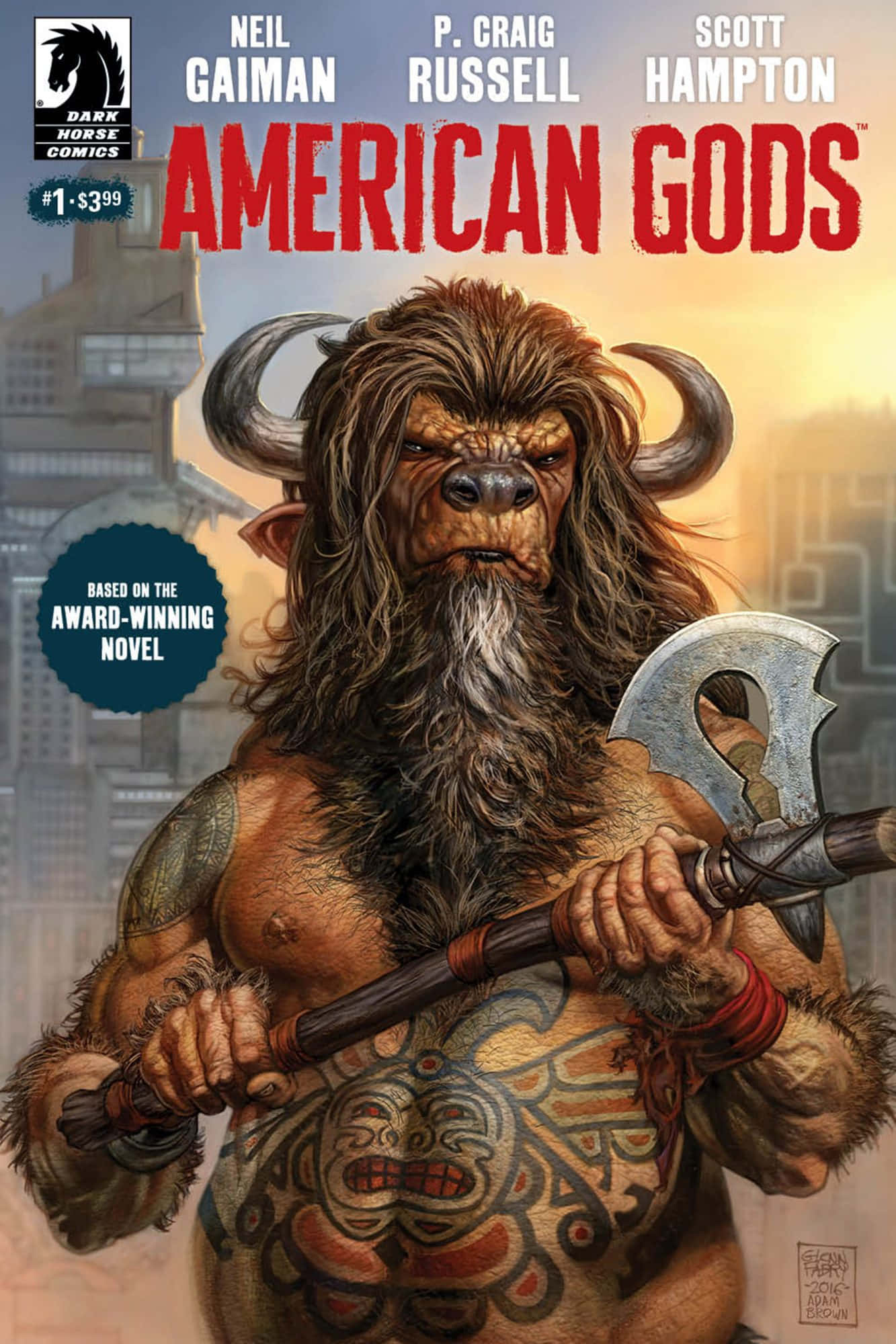 American Gods 桌布 壁紙 — 一個肌肉發達、長鬍鬚、有部落紋身的角神，在日落時分握著斧頭，背景是城市天際線。