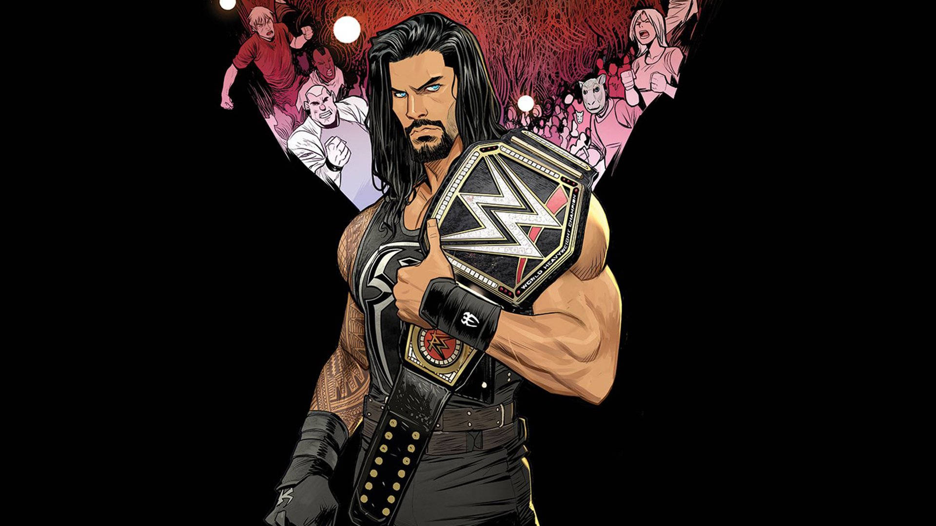 WWE 桌布 壁紙 — 一個肌肉發達、長黑髮的摔角手，在黑暗背景和一群粉絲面前，以風格化的漫畫插圖形式，高舉WWE冠軍腰帶。