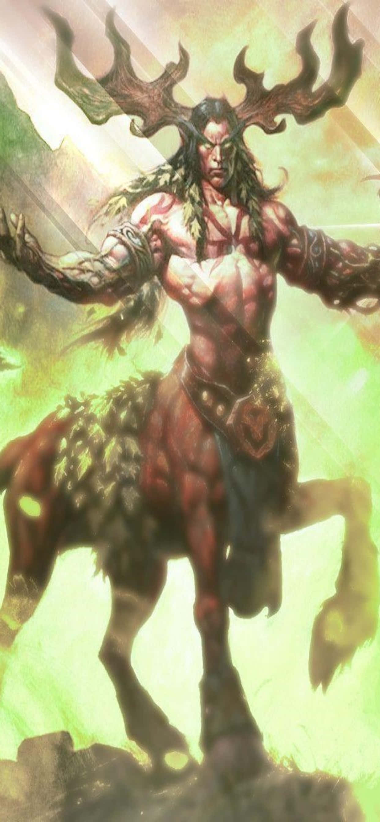 iPhone Xs Max Hearthstone 桌布 壁紙 — 一個肌肉發達、頭上有角、散發綠色光芒的半人馬，強而有力地站在岩石地形上。