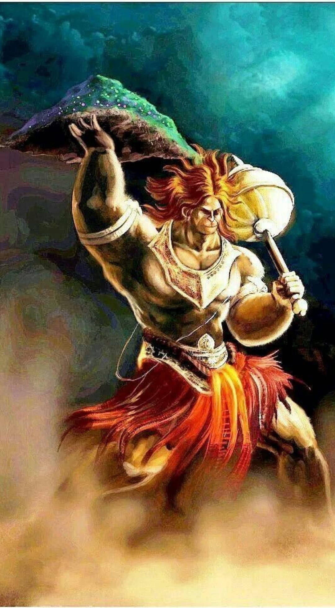 hanuman art 桌布 壁紙 — 一個肌肉發達、頭髮如火般的戰士，在旋轉的藍綠色和金色背景下，舉起一塊巨大的石板，同時揮舞著狼牙棒。
