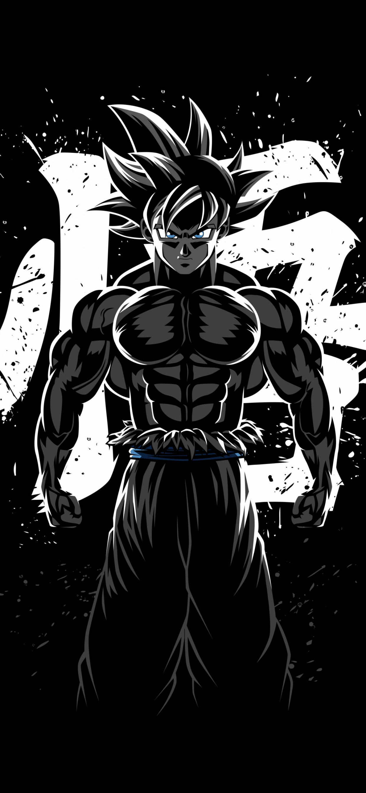 Goku Black And White 桌布 壁紙 — 一個肌肉發達、頭髮尖刺、眼睛發光的動漫戰士，在帶有白色潑濺效果的黑色背景上強勢站立。