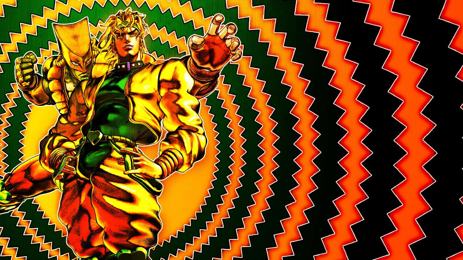 Dio Brando 桌布 壁紙 — 一個肌肉發達、頭髮尖刺、眼睛綠色的動漫角色，在橙色、黑色和綠色的鮮明鋸齒形圖案前動態地站立。