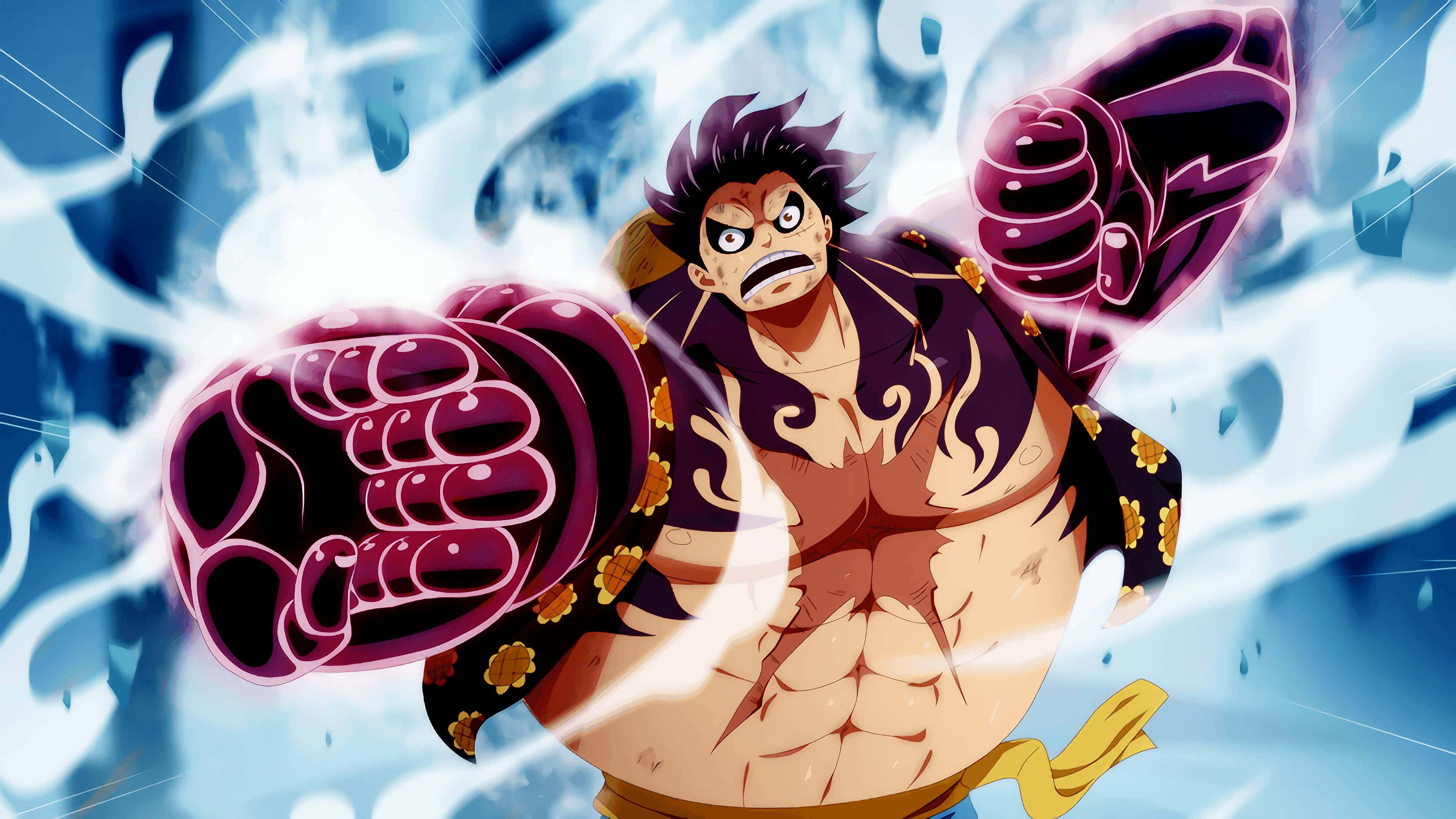 One Piece Characters 桌布 壁紙 — 一個肌肉發達、頭髮尖刺、眼神銳利的動漫角色，在旋轉的藍色能量和破碎的冰塊中釋放出巨大的紫色拳頭。