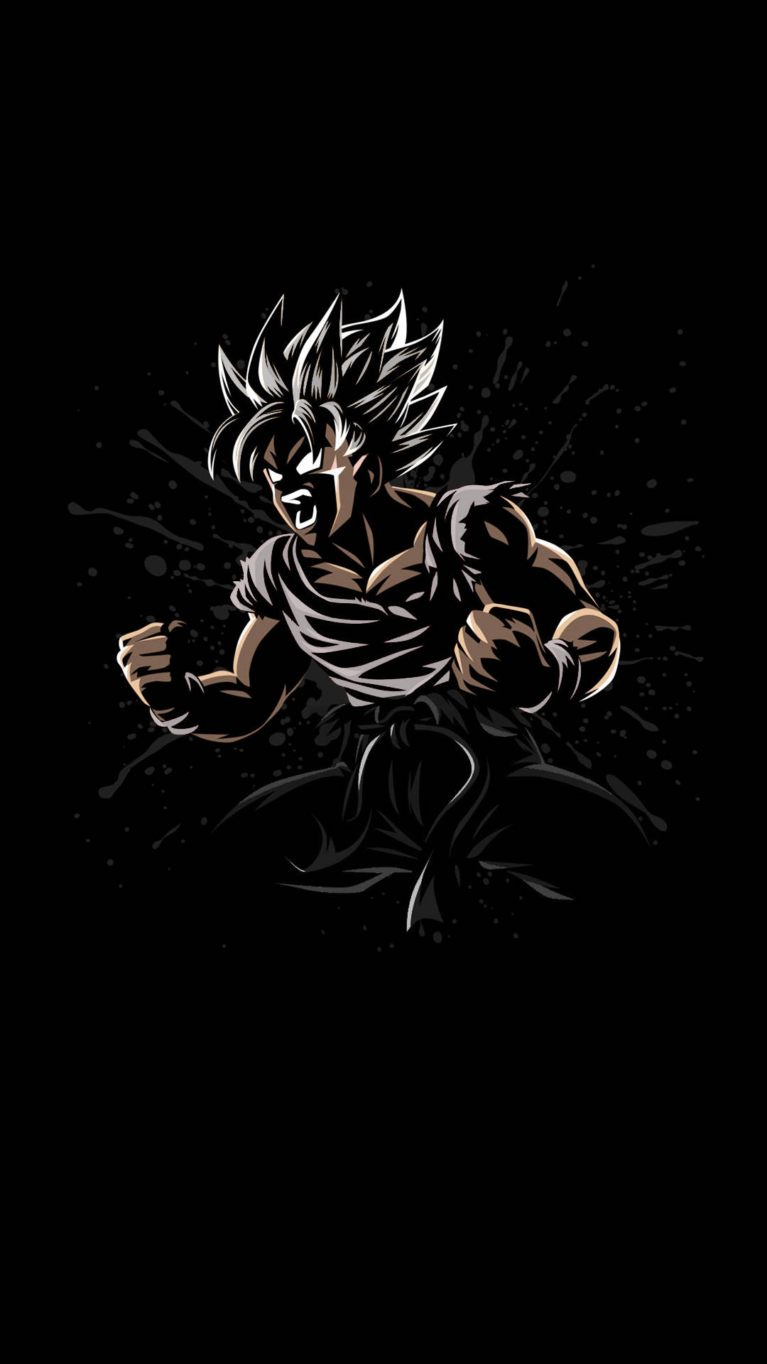 Goku Black And White 桌布 壁紙 — 一個肌肉發達、頭髮尖刺的動漫戰士在黑色背景上咆哮，帶有動態飛濺效果。
