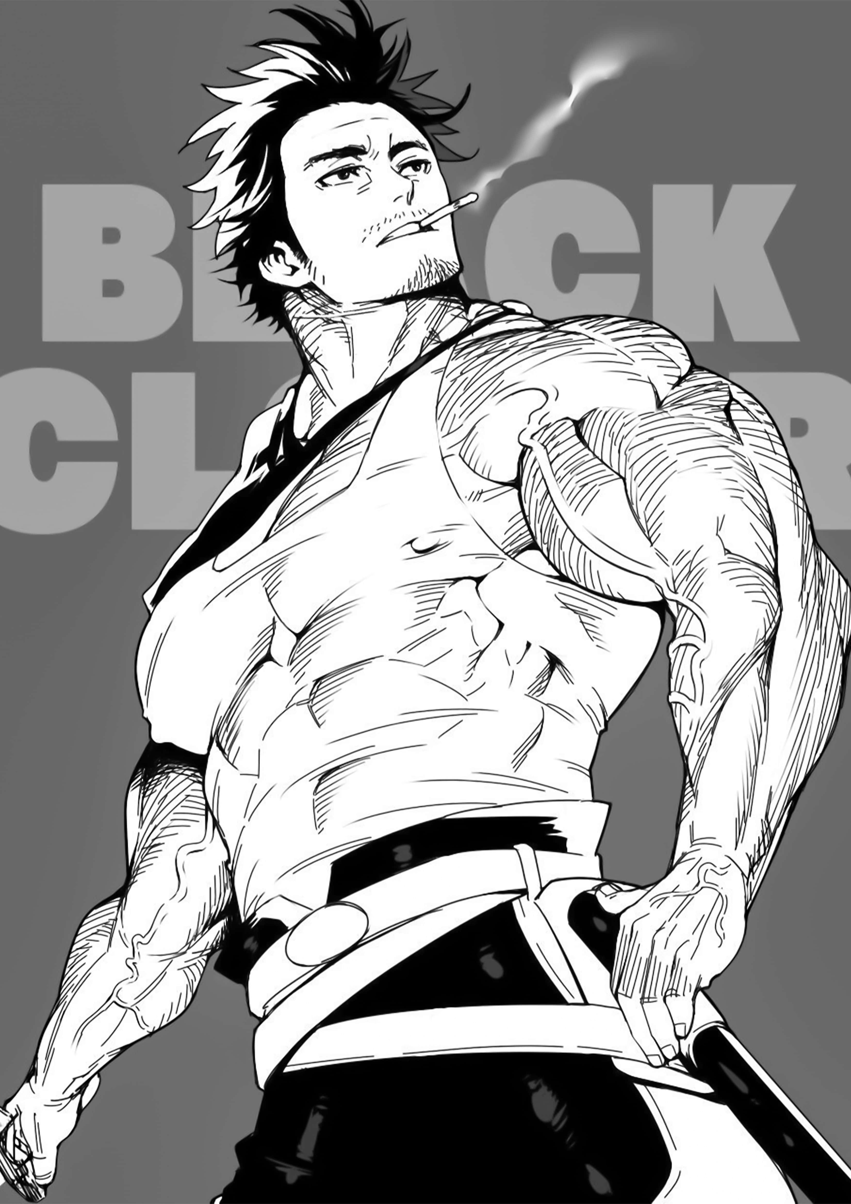 Anime Character 桌布 壁紙 — 一個肌肉發達、頭髮尖刺的動漫男子，在粗獷的黑白風格中抽煙並手持劍。
