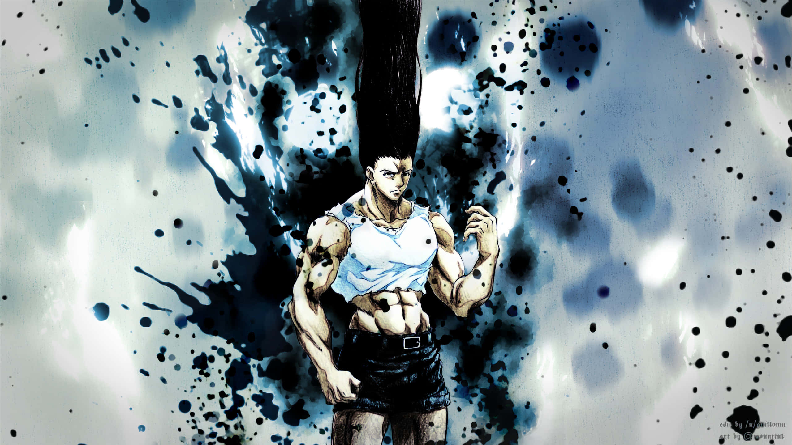 獵人 x 獵人 桌布 壁紙 — 一個肌肉發達、頭髮尖刺的動漫男子，挑釁地站在動態的藍白墨水飛濺背景前。