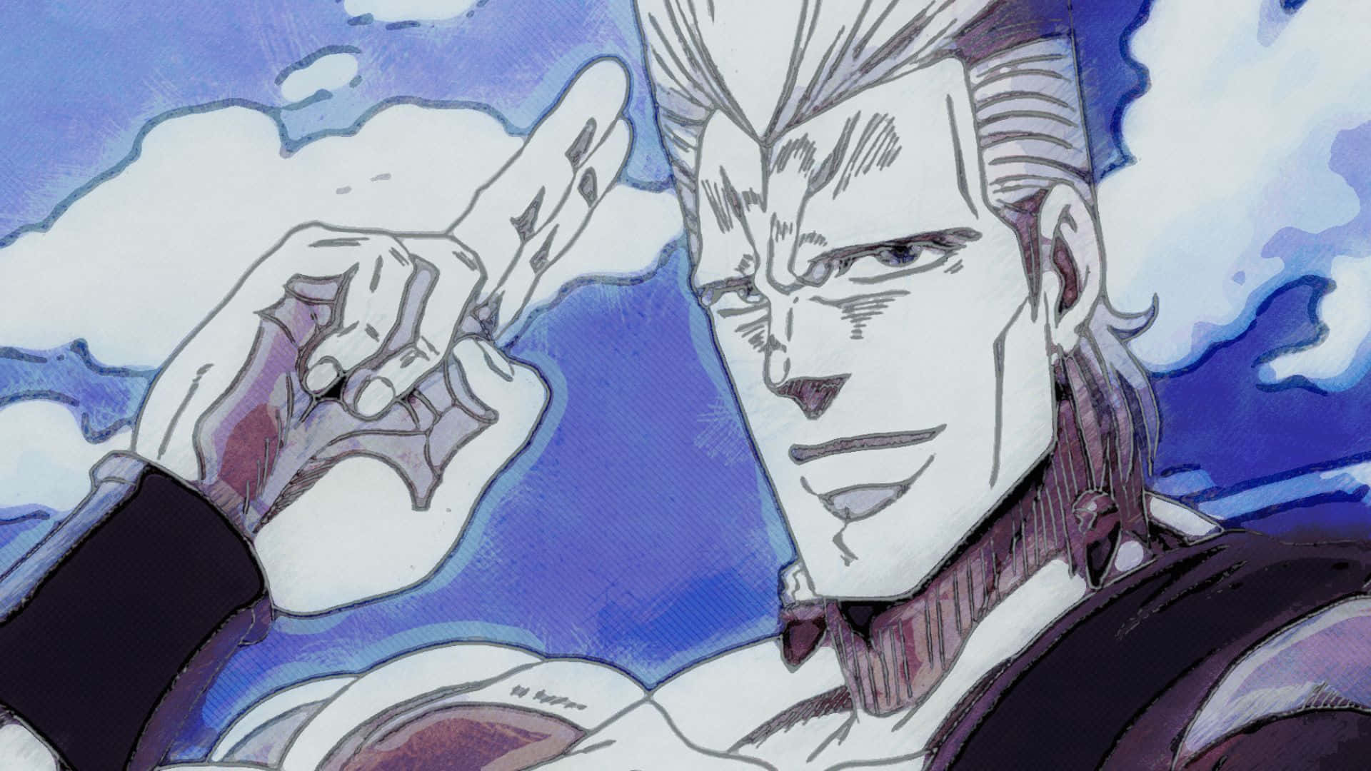 Jean Pierre Polnareff 桌布 壁紙 — 一個肌肉發達、頭髮尖刺的動漫男子，在藍天白雲下向上指。