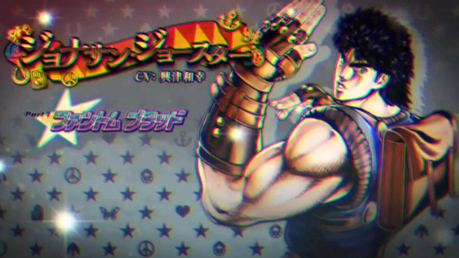 Jonathan Joestar 桌布 壁紙 — 一個肌肉發達、頭髮尖刺的動漫角色，在星空背景下瞄準一把未來風格的槍，背景有日文字句與和平符號。
