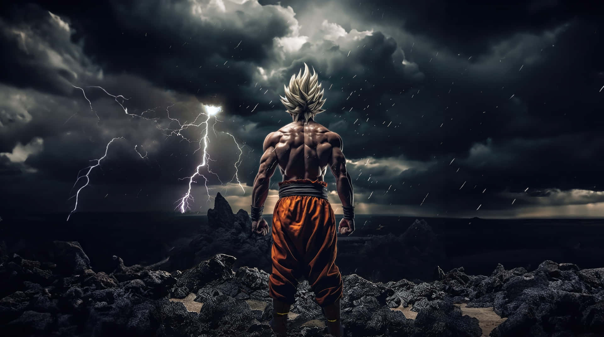 Dark Ultra Instinct Goku Lightning 壁紙 — 一個肌肉發達、頭髮尖刺的戰士穿著橙色褲子，站在岩石地形上，面對著背後有閃電的暴風雨天空。