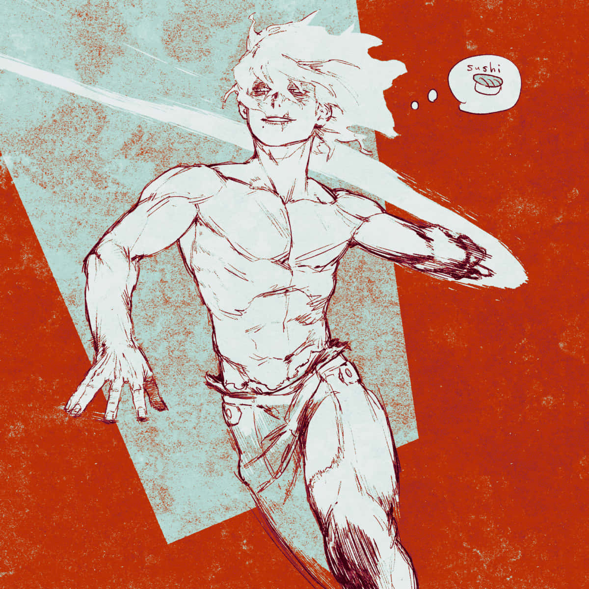 My Hero Academia Manga 桌布 壁紙 — 一個肌肉發達、頭髮狂野的動漫角色，在紅和青綠色的分割背景上動態奔跑，帶有壽司思想泡泡。