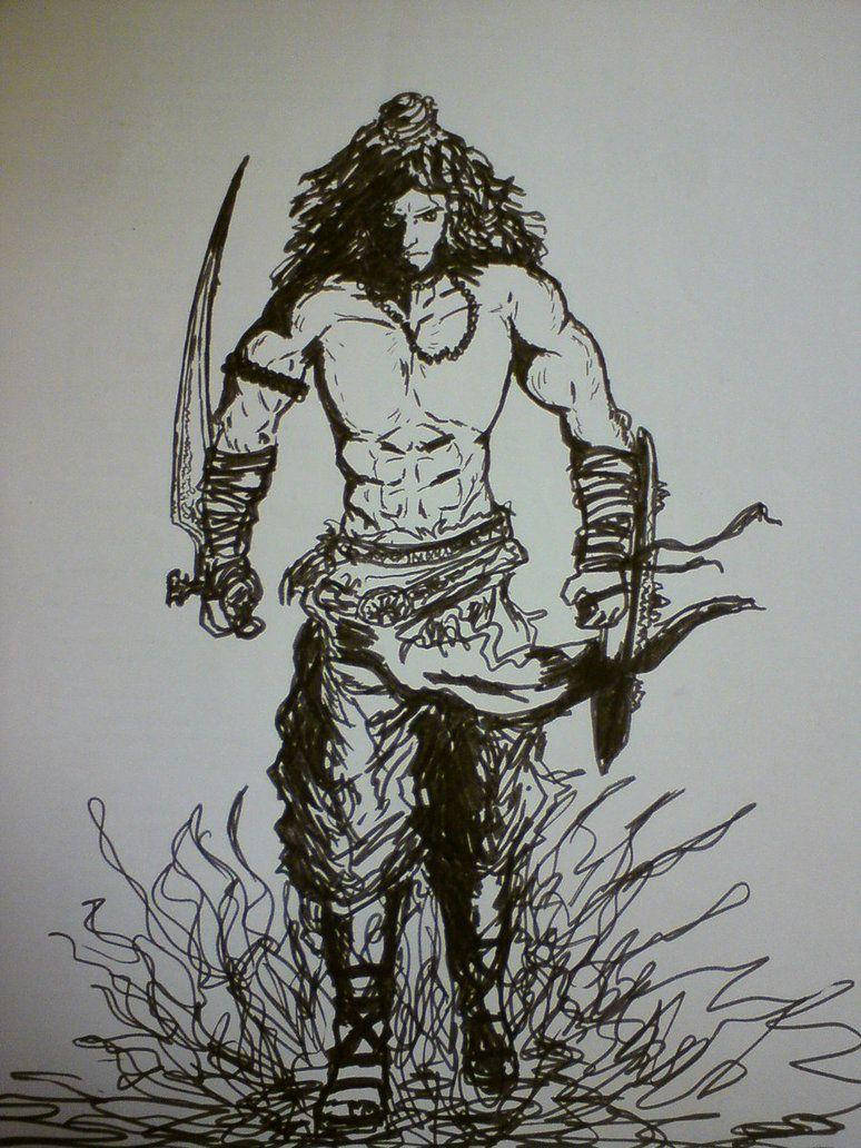 angry shiva 桌布 壁紙 — 一個肌肉發達、頭髮狂野的戰士在高高的草叢中揮舞劍和弓，以大膽的黑色墨水素描呈現。