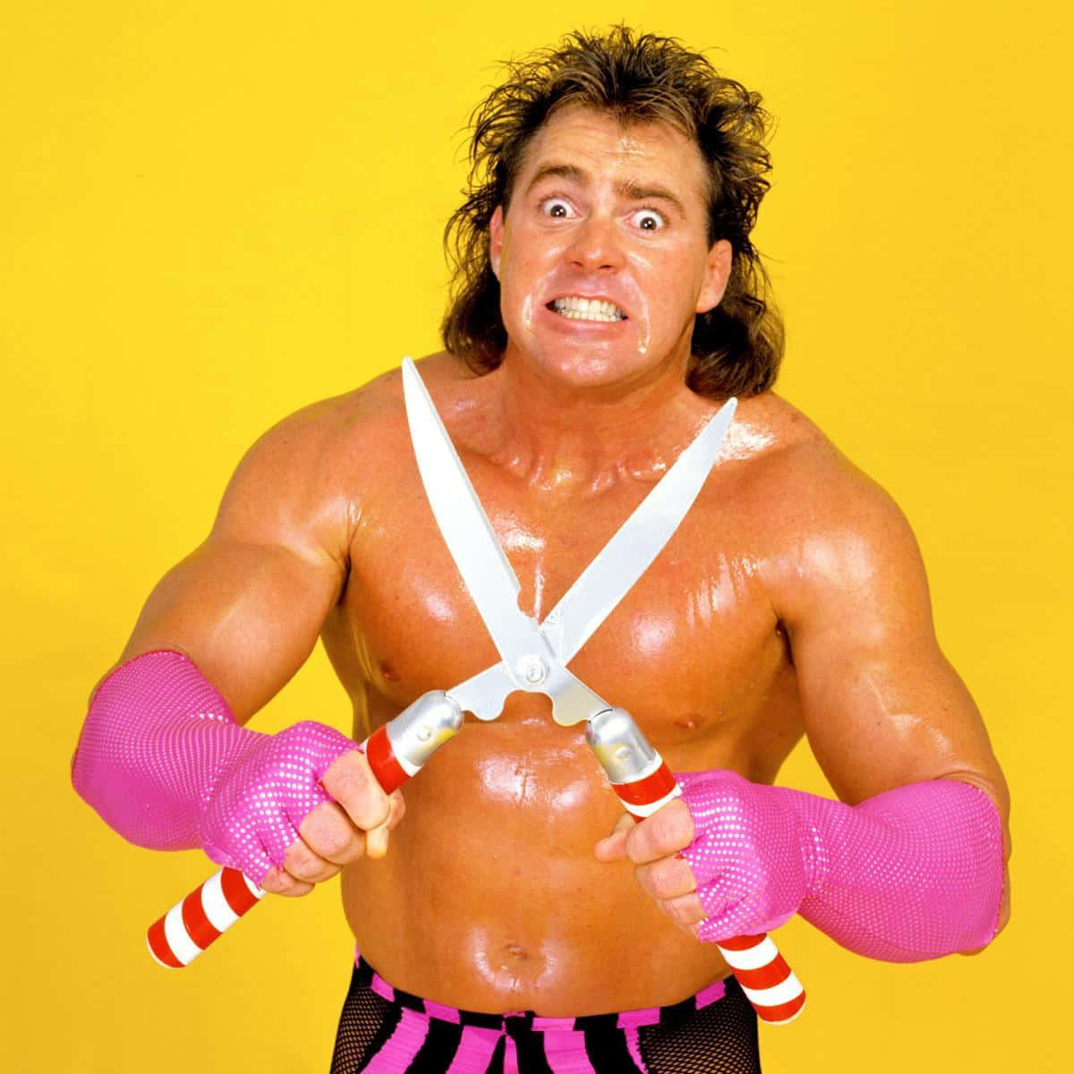 Brutus Beefcake 桌布 壁紙 — 一個肌肉發達、頭髮狂野的摔角手，在明亮的黃色背景前拿著一把巨大的剪刀。
